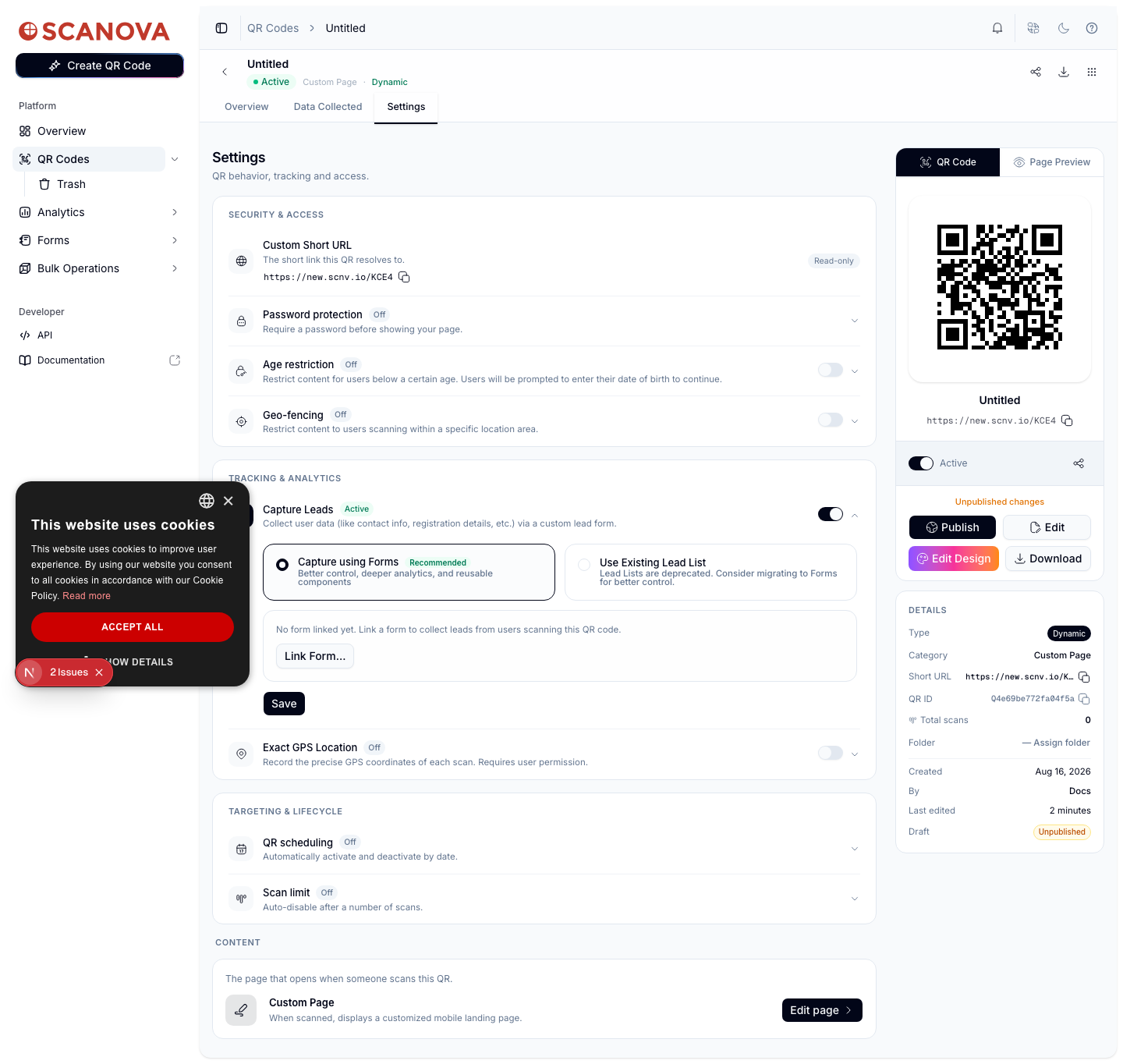 Tab Einstellungen eines QR-Codes mit eingeschaltetem Leads erfassen, mit zwei Optionen: Über Formulare erfassen (markiert als Empfohlen) und Bestehende Lead-Liste verwenden (markiert als veraltet), plus einer Schaltfläche Formular verknüpfen