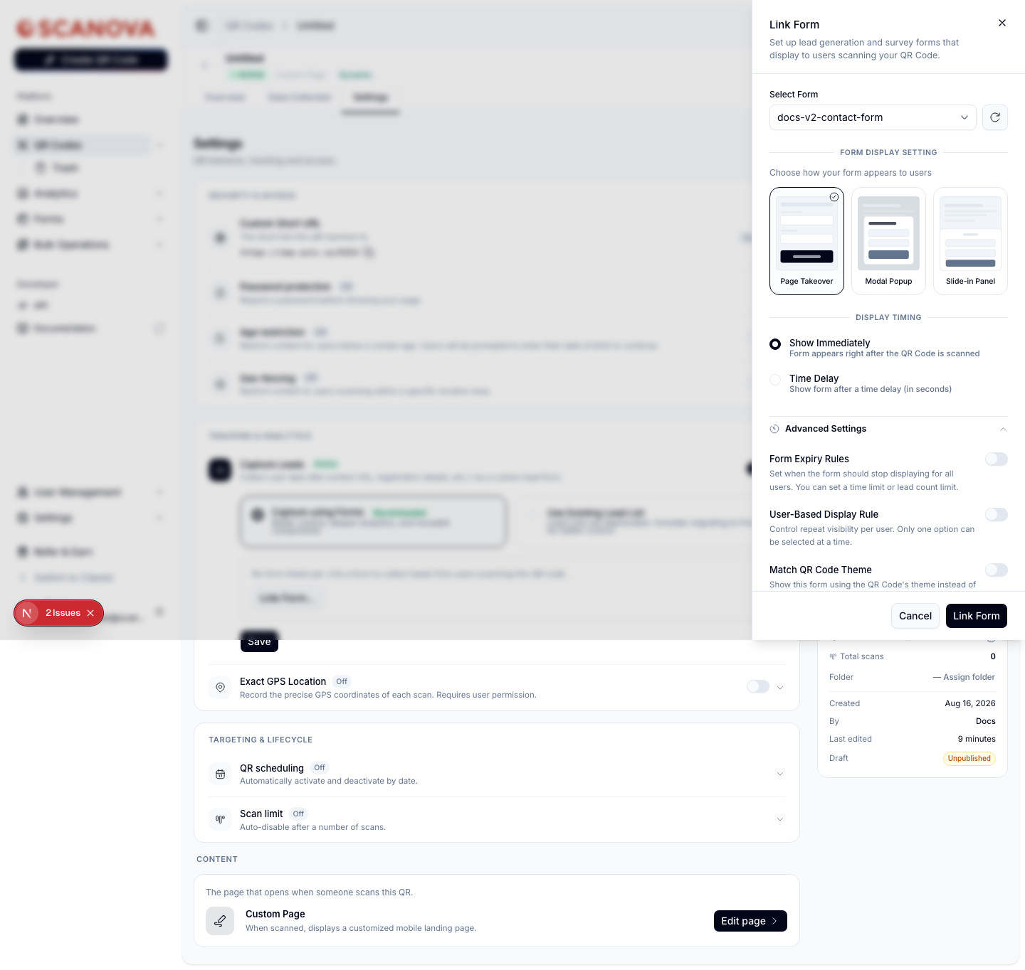 Ausgeklappte Erweiterte Einstellungen des Panels Formular verknüpfen, mit eingeschaltetem Umschalter Formular-Ablaufregeln, einem Dropdown „Ablauf nach Lead-Anzahl“ und einem numerischen Leads-Feld, sowie den Umschaltern Nutzerbasierte Anzeigeregel und QR-Code-Theme anpassen