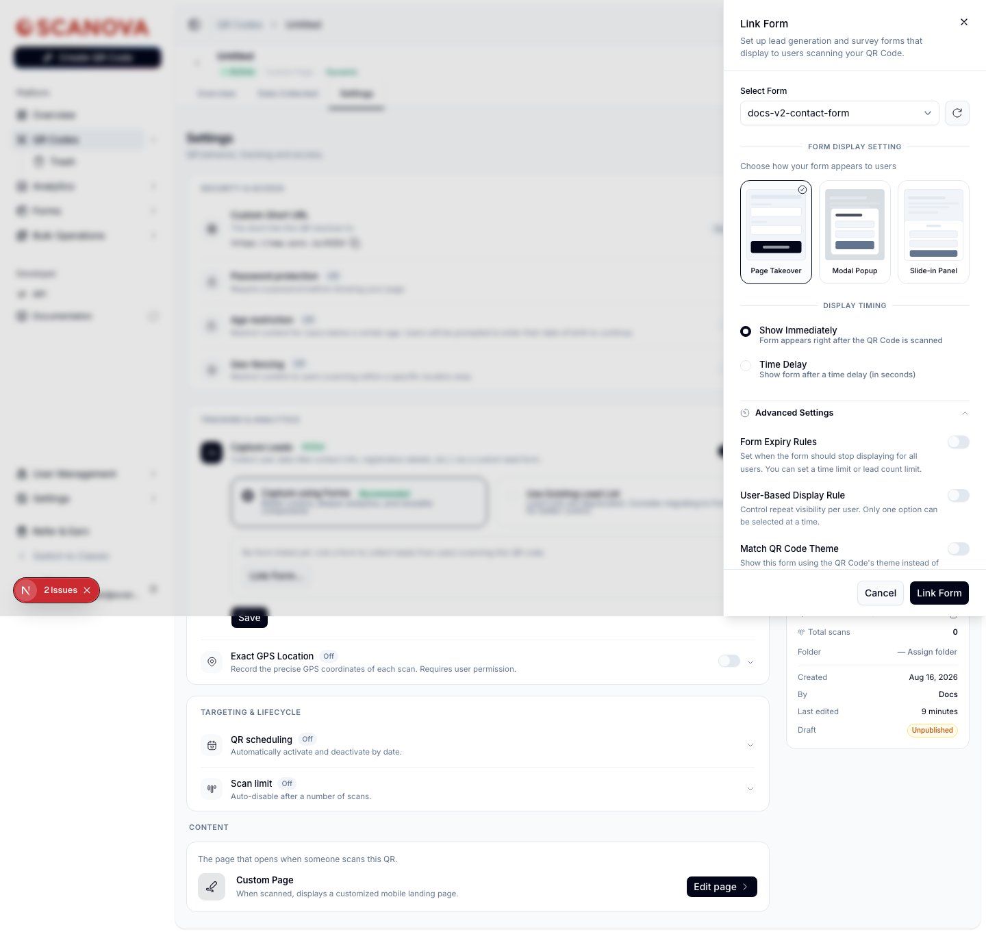 Ausgeklappte Erweiterte Einstellungen des Panels Formular verknüpfen, mit eingeschaltetem Umschalter Formular-Ablaufregeln, einem Dropdown „Ablauf nach Lead-Anzahl“ und einem numerischen Leads-Feld, sowie den Umschaltern Nutzerbasierte Anzeigeregel und QR-Code-Theme anpassen
