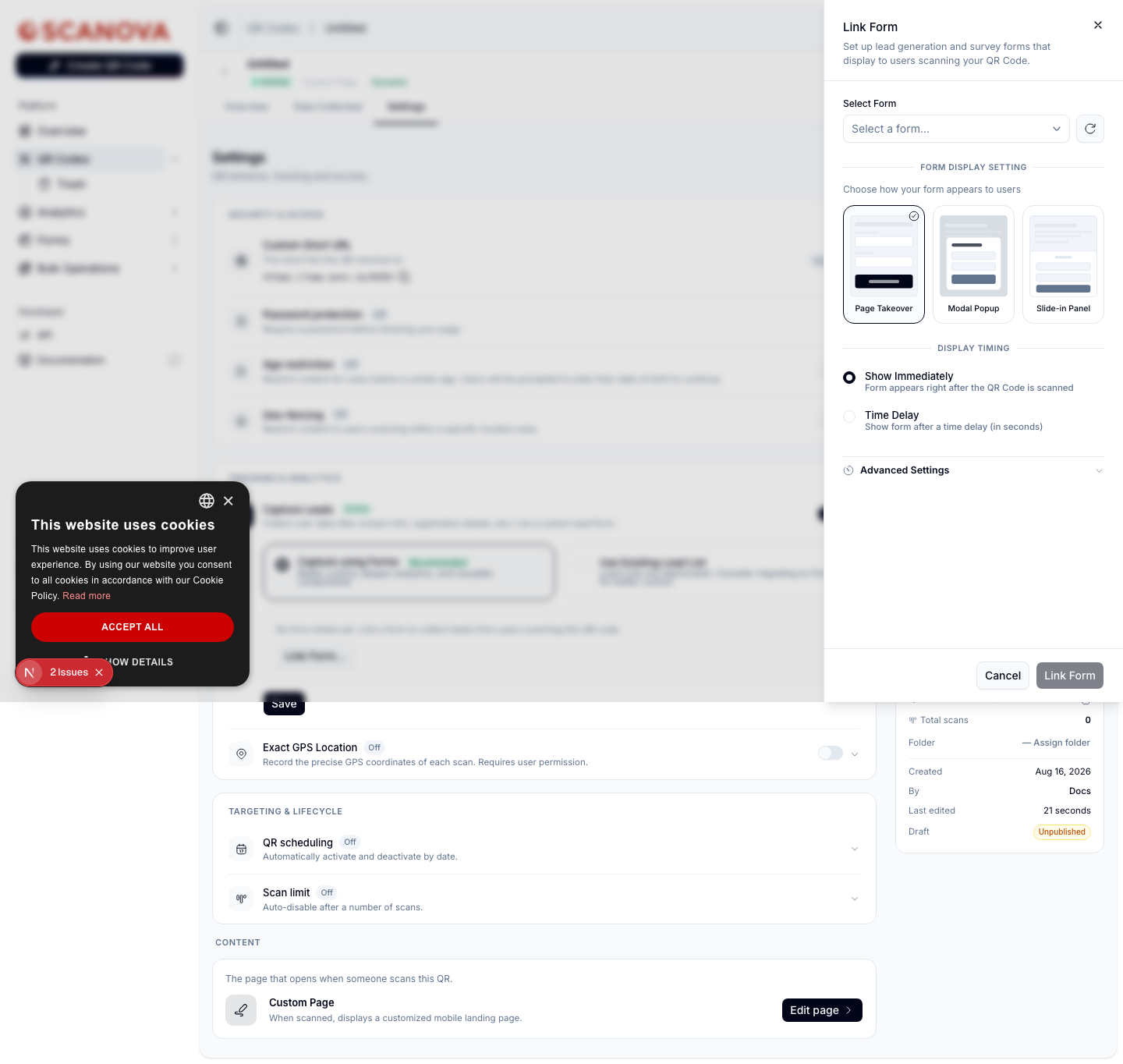 Panel Formular verknüpfen mit ausgewähltem Formular, drei Karten für die Formular-Anzeigeeinstellung (Seitenübernahme, Modales Popup, Einschubpanel) mit ausgewählter Seitenübernahme, sowie Anzeigezeitpunkt-Optionen Sofort anzeigen und Zeitverzögerung