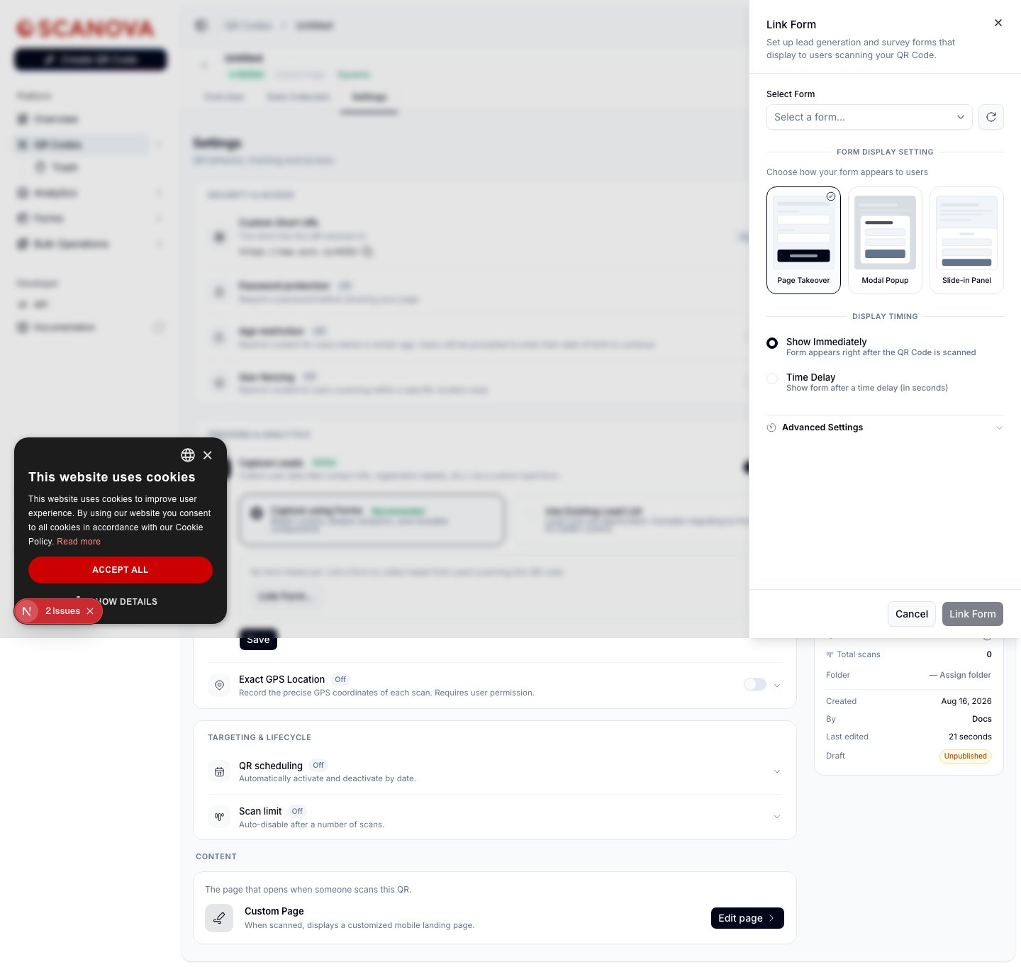 Panel Formular verknüpfen mit ausgewähltem Formular, drei Karten für die Formular-Anzeigeeinstellung (Seitenübernahme, Modales Popup, Einschubpanel) mit ausgewählter Seitenübernahme, sowie Anzeigezeitpunkt-Optionen Sofort anzeigen und Zeitverzögerung