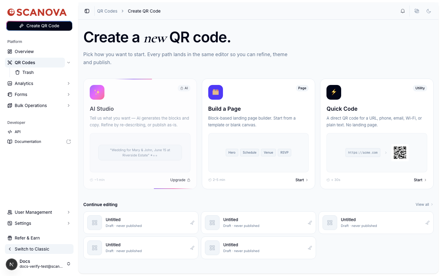 Página del centro para crear un nuevo código QR mostrando tres tarjetas: AI Studio (marcada como Upgrade), Build a Page y Quick Code, además de una sección Continue editing con borradores de códigos QR