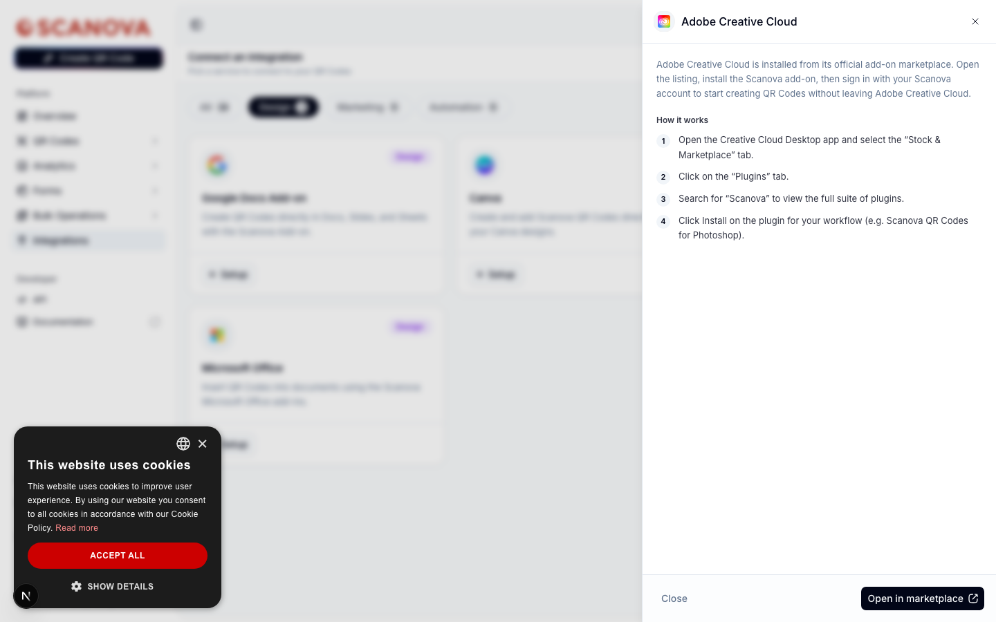 لوحة إعداد Adobe Creative Cloud في Scanova تعرض وصفًا للتكامل، وقائمة من أربع خطوات بعنوان 'How it works'، وزر Open in marketplace