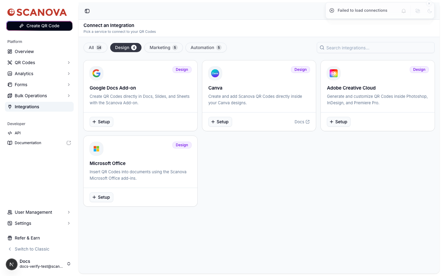 Catálogo de integraciones de Scanova filtrado por la categoría Design, mostrando cuatro tarjetas: Google Docs Add-on, Canva, Adobe Creative Cloud y Microsoft Office, cada una con un botón Setup