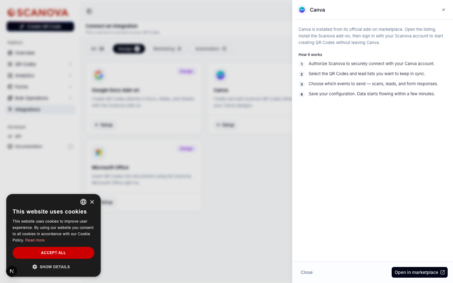 Panel de configuración de Canva de Scanova mostrando una descripción de la integración y un botón Open in marketplace