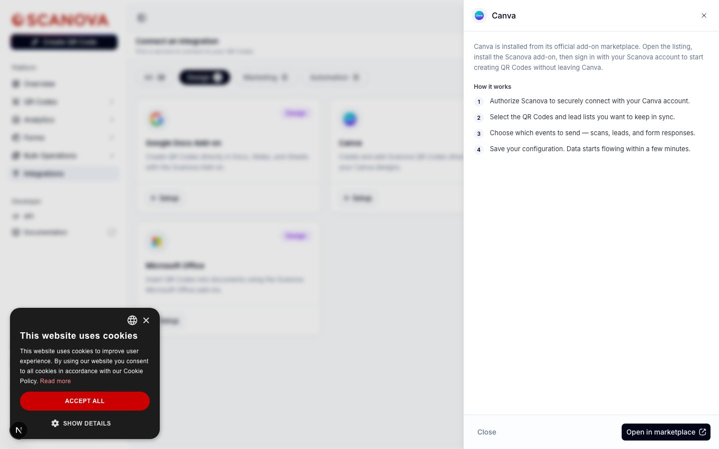 Panneau de configuration Canva de Scanova affichant une description de l'intégration et un bouton Open in marketplace