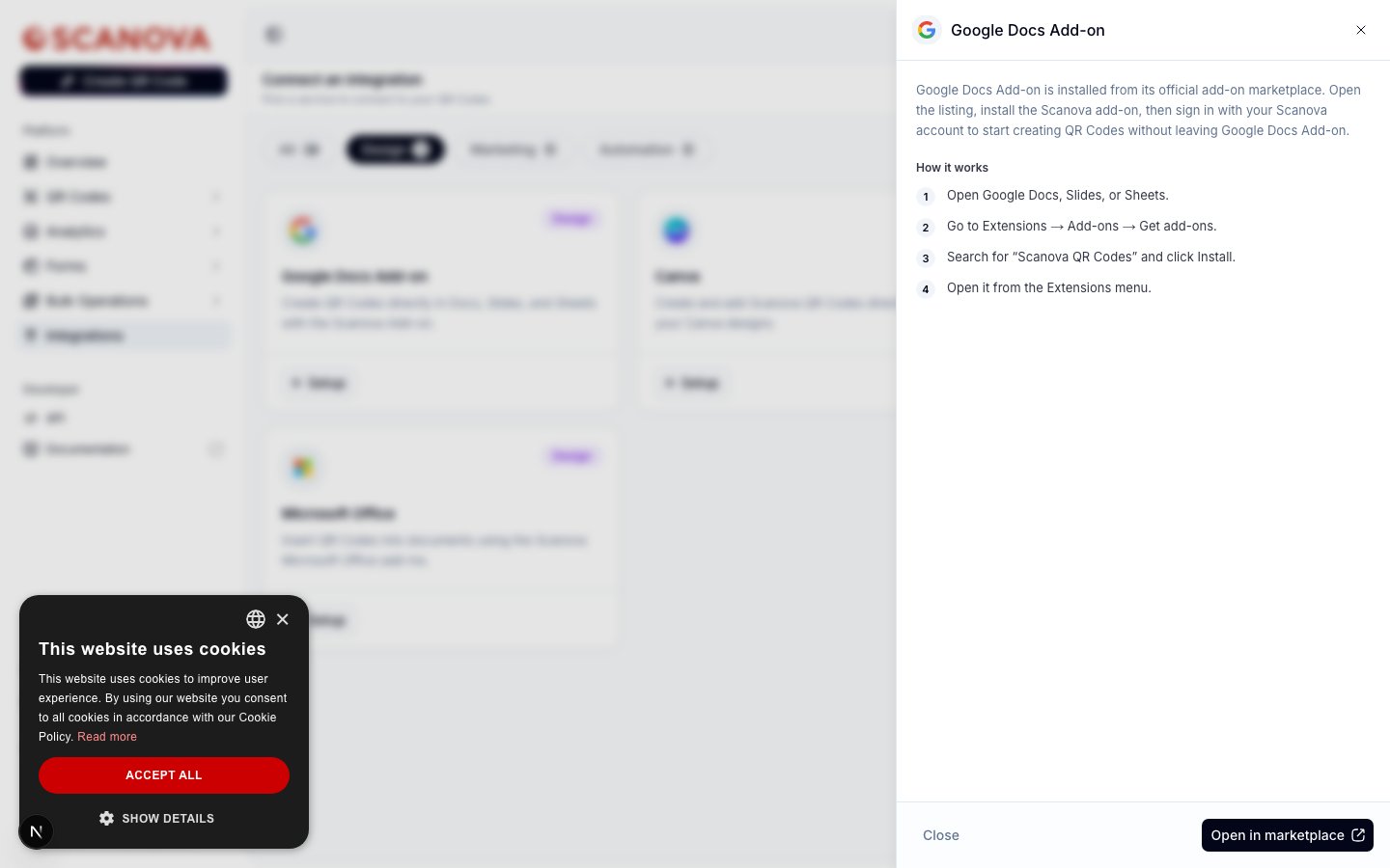 Scanova 的 Google Docs Add-on 设置面板,显示集成说明、四步 'How it works' 列表,以及一个 Open in marketplace 按钮