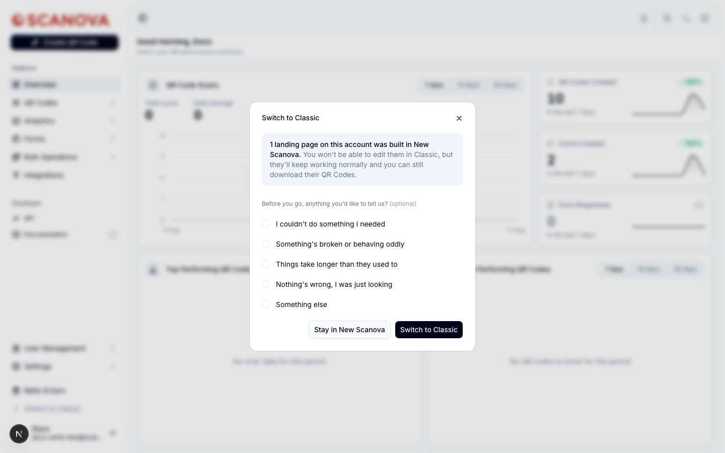 Switch to Classic dialog showing a warning that landing pages built in New Scanova won't be editable in Classic but will keep working, a list of optional feedback reasons (I couldn't do something I needed, Something's broken or behaving oddly, Things take longer than they used to, Nothing's wrong I was just looking, Something else), and Stay in New Scanova / Switch to Classic buttons