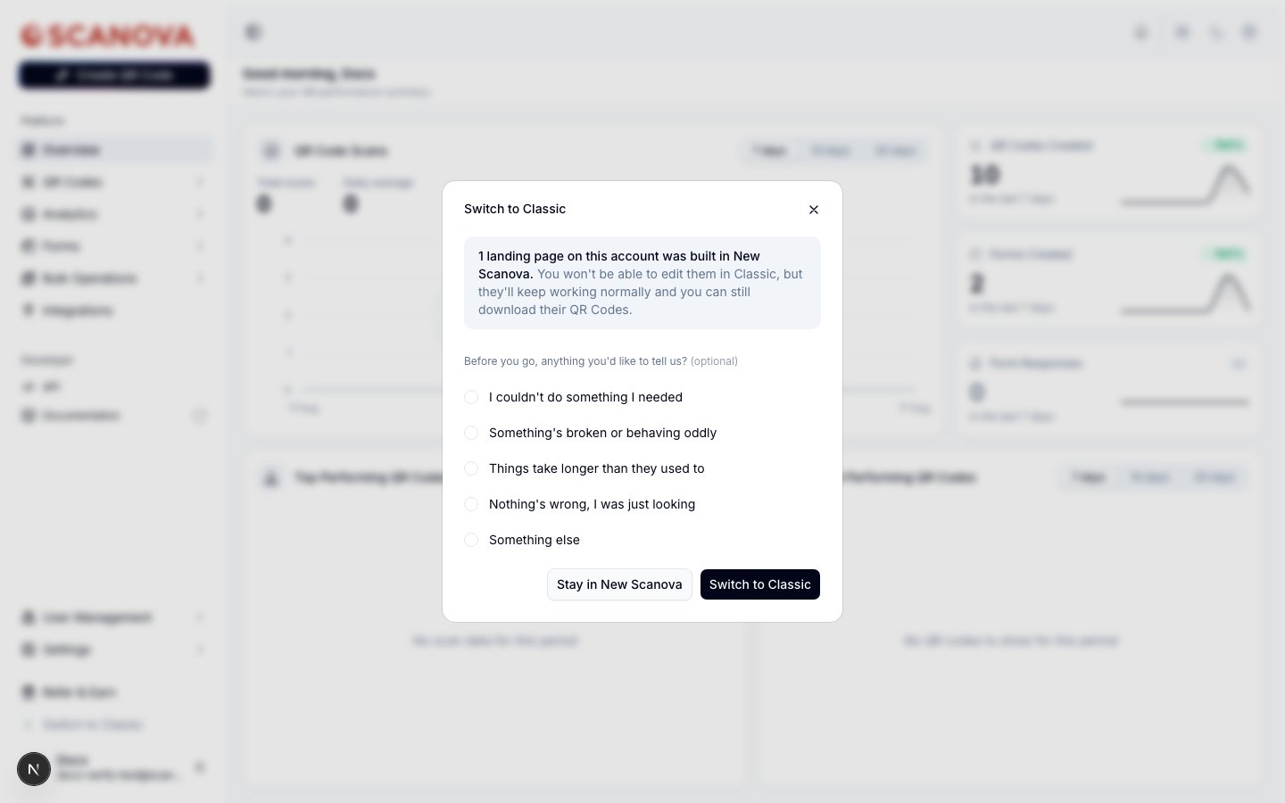 Switch to Classic dialog showing a warning that landing pages built in New Scanova won't be editable in Classic but will keep working, a list of optional feedback reasons (I couldn't do something I needed, Something's broken or behaving oddly, Things take longer than they used to, Nothing's wrong I was just looking, Something else), and Stay in New Scanova / Switch to Classic buttons