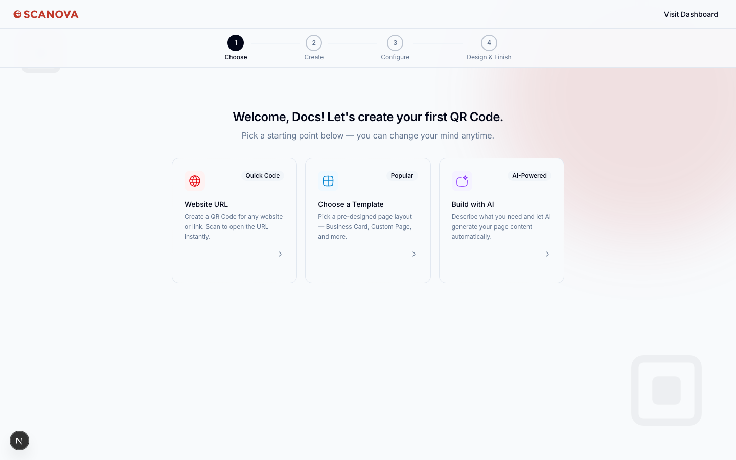 Étape 1 de l'assistant d'intégration, Choose, affichant le titre « Welcome, Docs! Let's create your first QR Code. » et trois cartes : Quick Code (Website URL), Choose a Template (labellisée Popular), et Build with AI (labellisée AI-Powered)