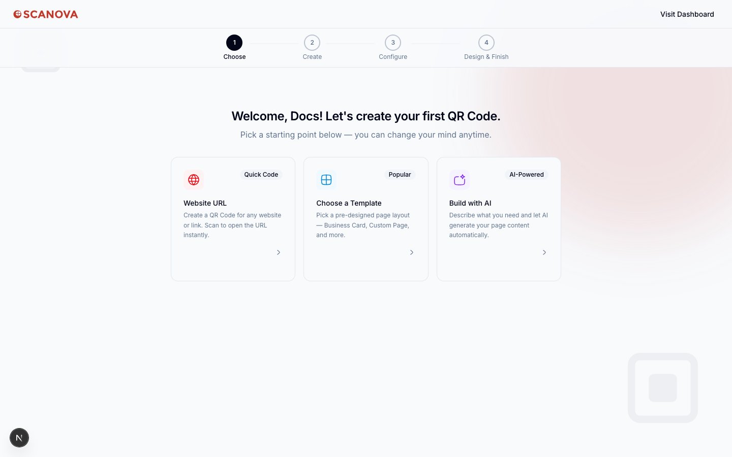 الخطوة 1 من معالج الإعداد، Choose، تعرض العنوان 'Welcome, Docs! Let's create your first QR Code.' وثلاث بطاقات: Quick Code (Website URL)، وChoose a Template (موسومة Popular)، وBuild with AI (موسومة AI-Powered)