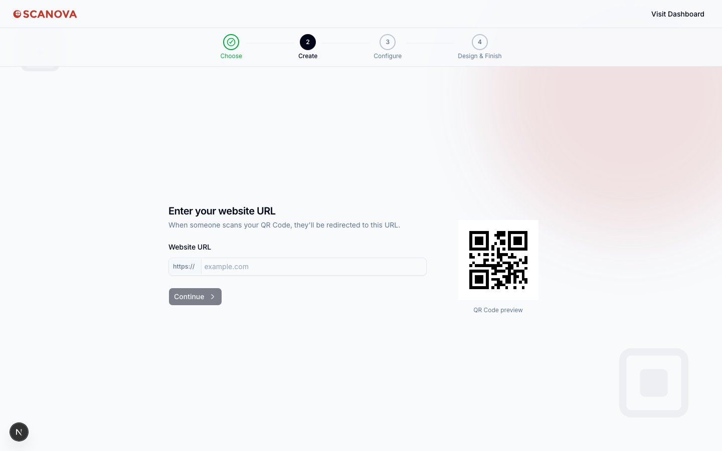 الخطوة 2 من المعالج، Create، تعرض نموذج 'Enter your website URL' بحقل إدخال بادئته https:// ولوحة معاينة رمز QR حية