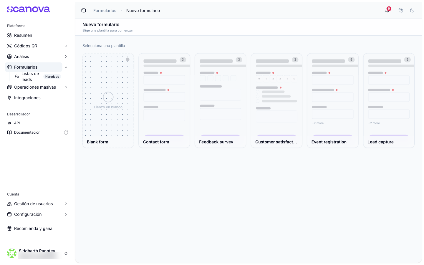 Selector de plantillas para un formulario nuevo con seis plantillas