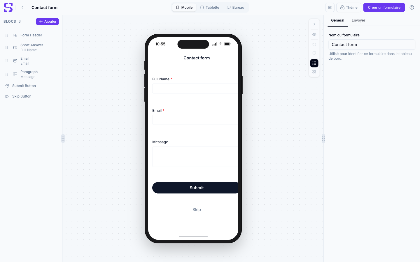 Modèle Contact form dans le builder avec ses six blocs et un aperçu mobile