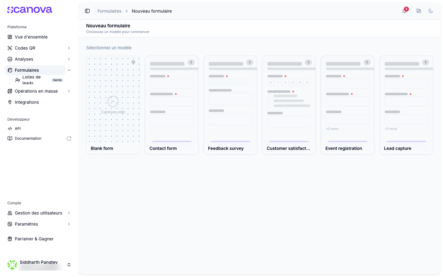 Sélecteur de modèles pour un nouveau formulaire avec six modèles