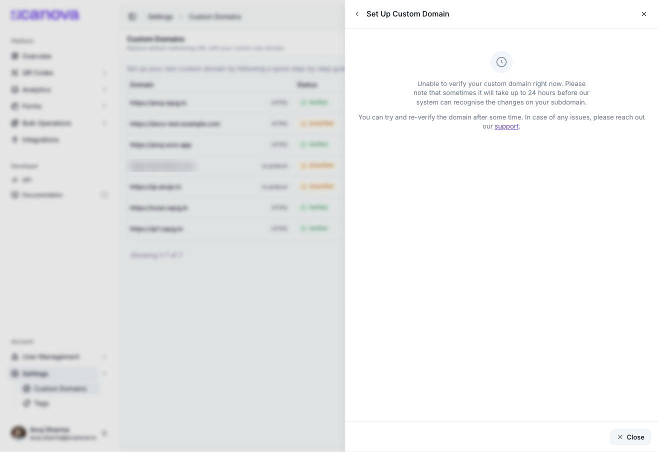 Set Up Custom Domain drawer showing 'Unable to verify your custom domain right now' with guidance about DNS