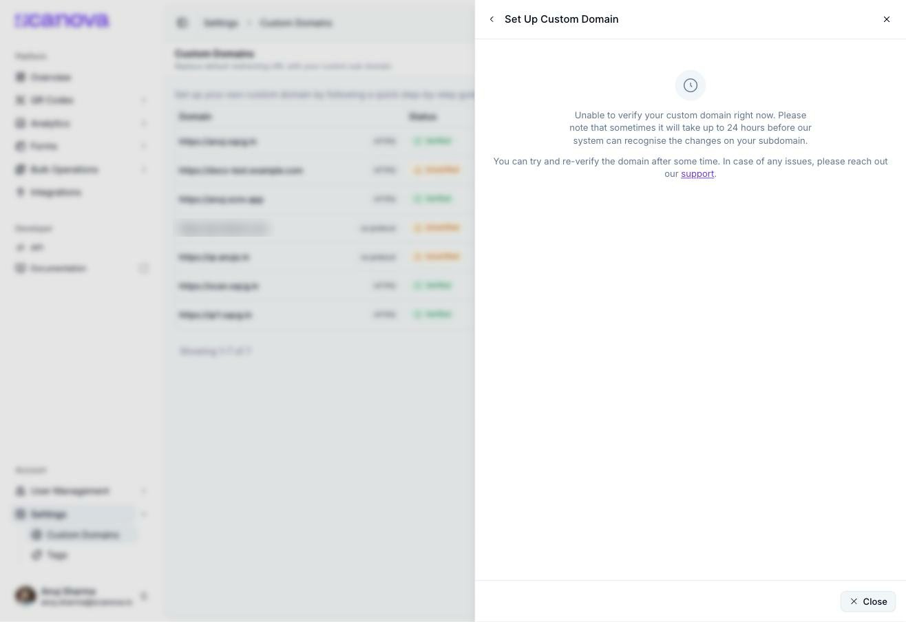 Set Up Custom Domain drawer showing 'Unable to verify your custom domain right now' with guidance about DNS