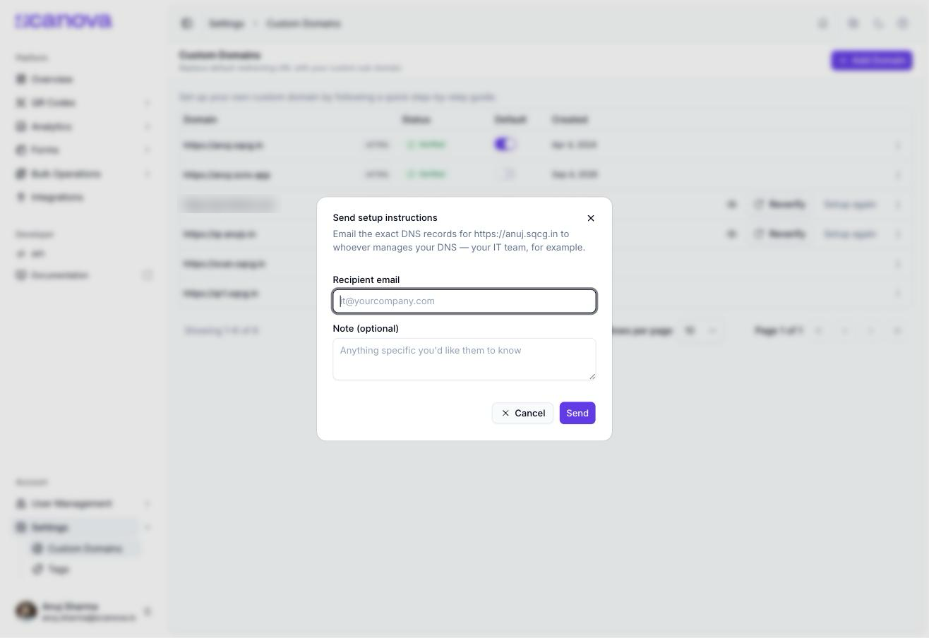 Send setup instructions dialog with a recipient email field, an optional note textarea, and Cancel/Send buttons