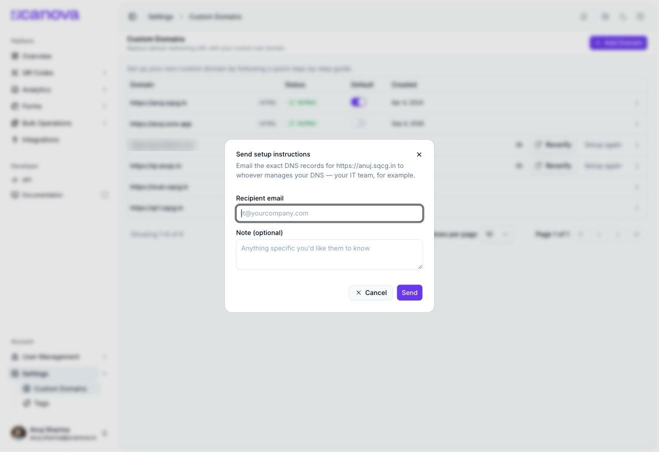 Send setup instructions dialog with a recipient email field, an optional note textarea, and Cancel/Send buttons
