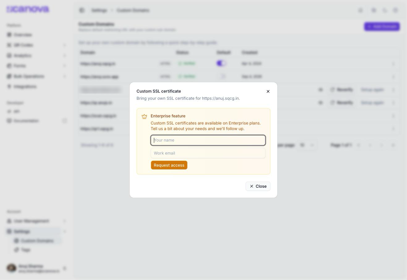 Custom SSL certificate dialog reading 'Bring your own SSL certificate for https://anuj.sqcg.in'