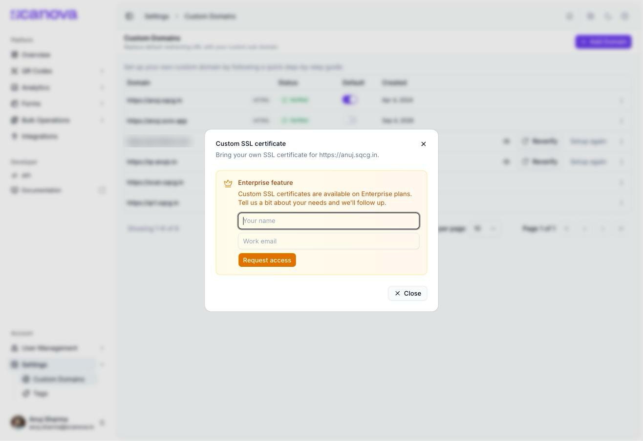 Custom SSL certificate dialog reading 'Bring your own SSL certificate for https://anuj.sqcg.in'