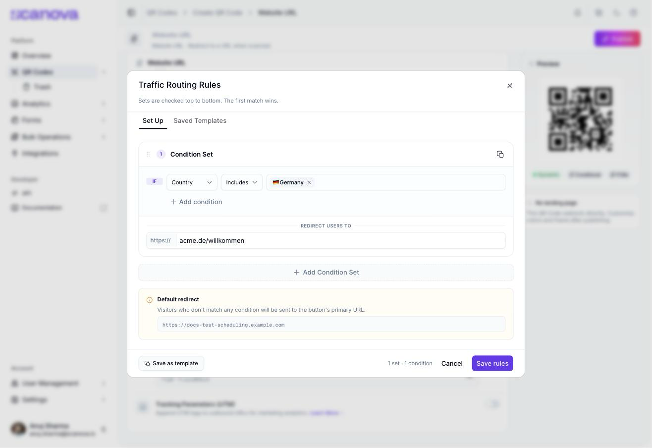 نافذة Traffic Routing Rules المنبثقة تعرض مجموعة شرطية بالحقل Country، والمُعامل Includes، والقيمة Germany، وحقل Redirect Users To مضبوطًا على عنوان URL مُحلّى محليًا، بالإضافة إلى قسم Default redirect يعرض عنوان URL الأساسي للزر