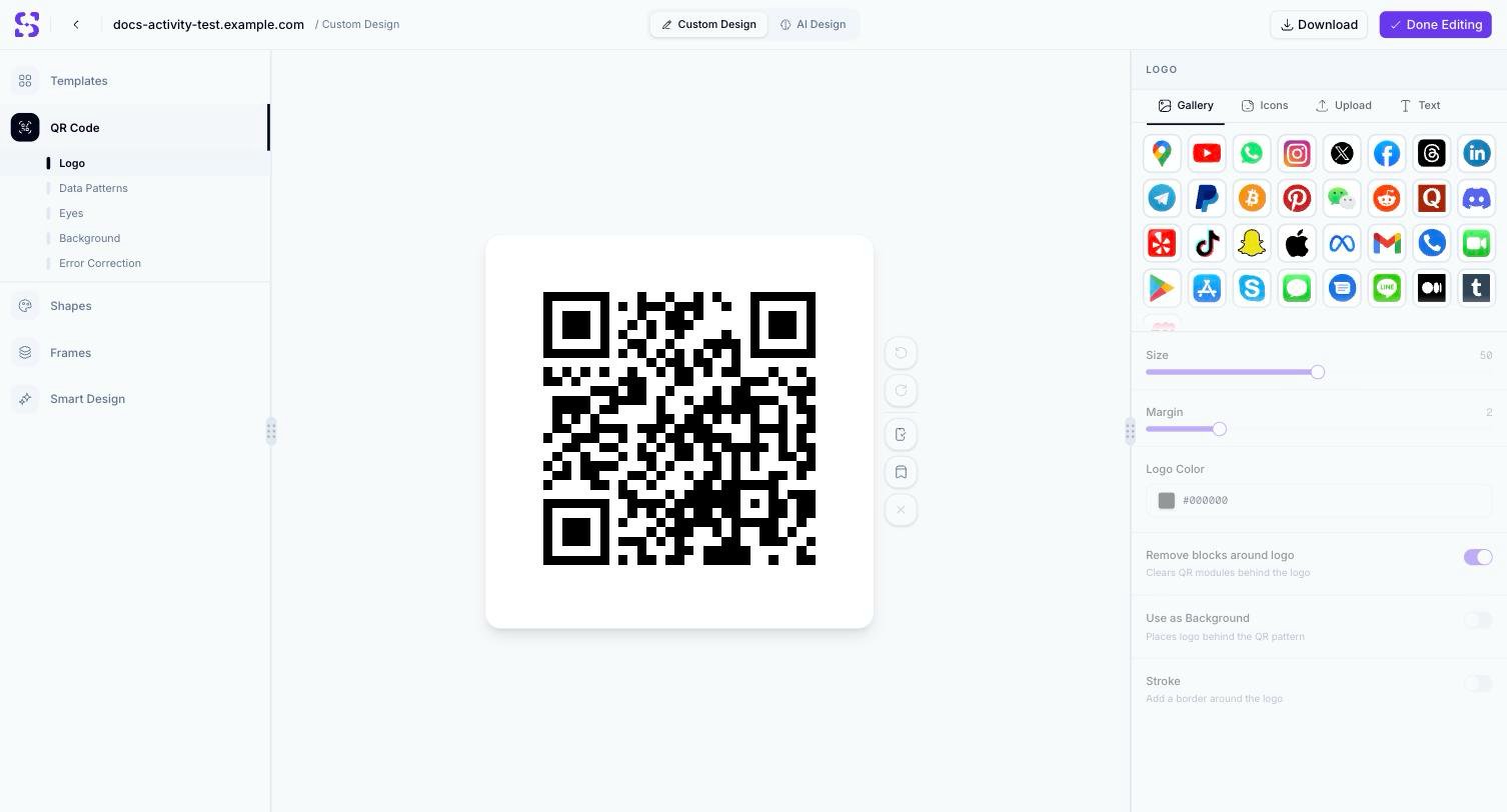 Custom Design editor's Logo panel, showing a gallery of brand icons, an Icons tab, an Upload tab, a Text tab