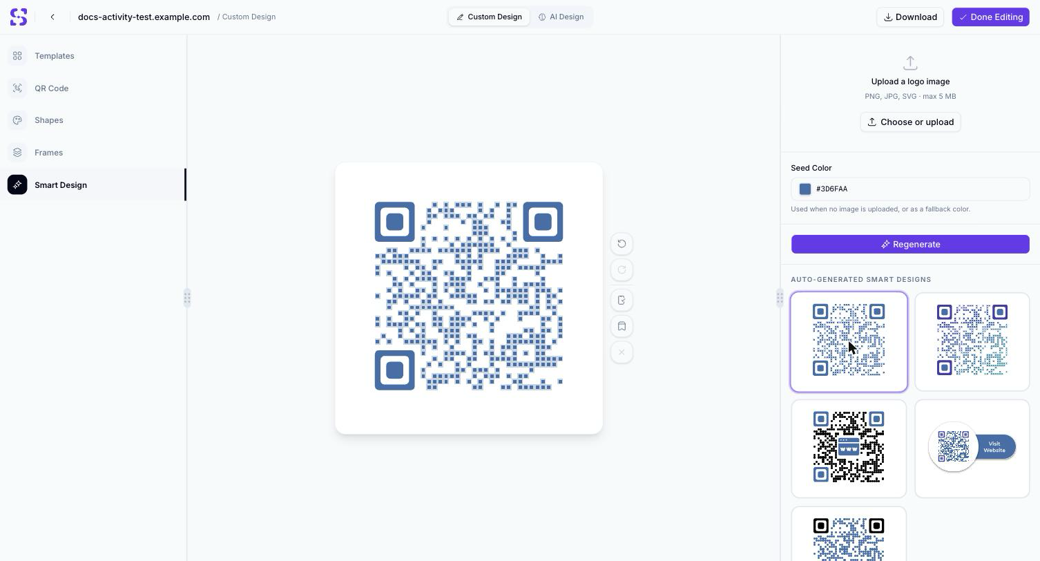 QR Code canvas showing a Smart Design variant applied — square data dots and eyes in a navy blue tone