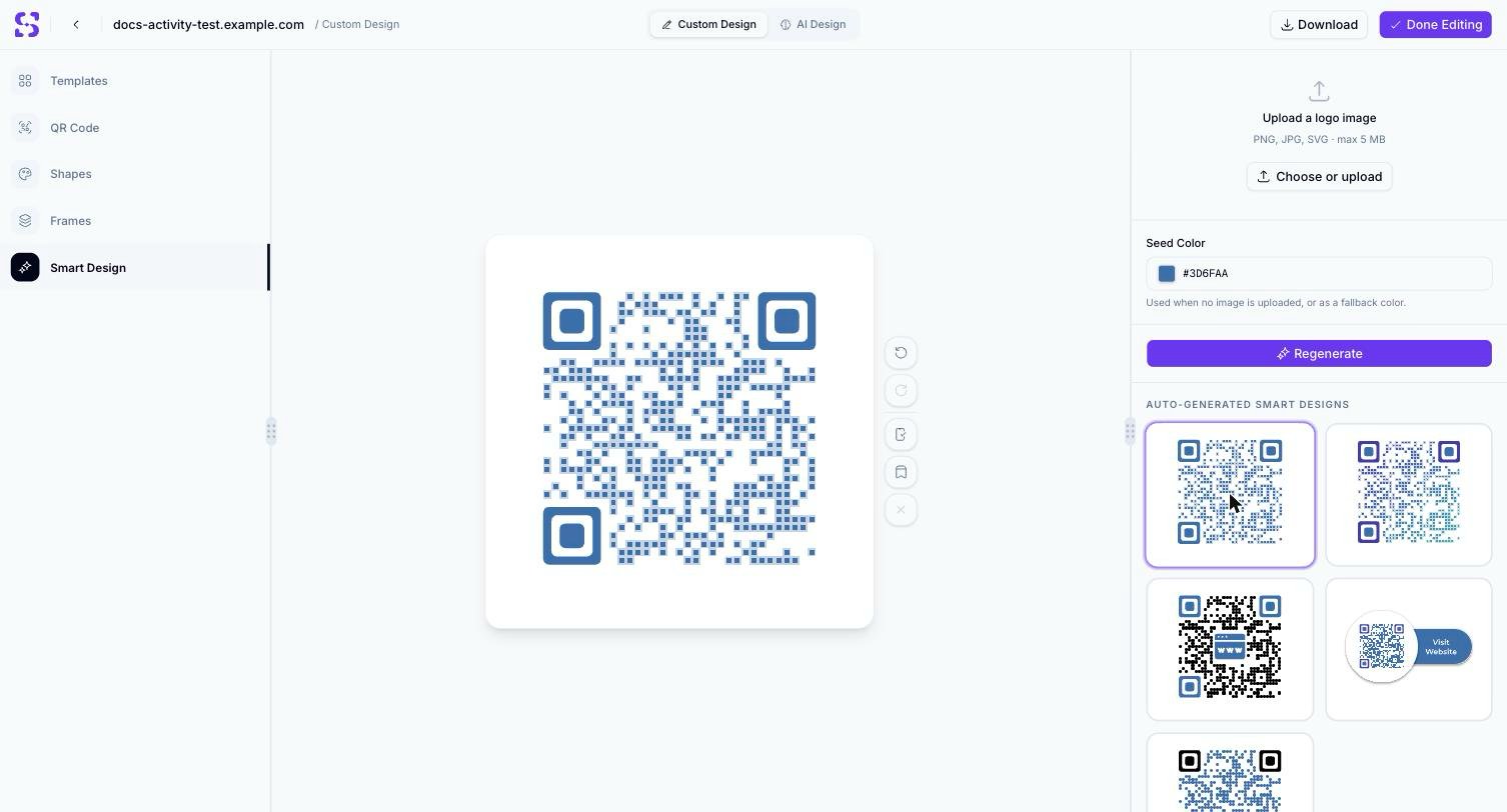 QR Code canvas showing a Smart Design variant applied — square data dots and eyes in a navy blue tone