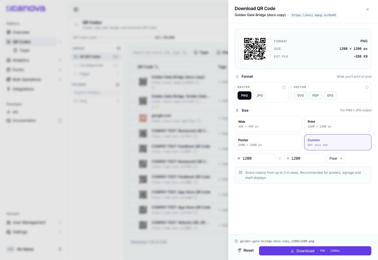 Download QR Code panel with Custom size selected