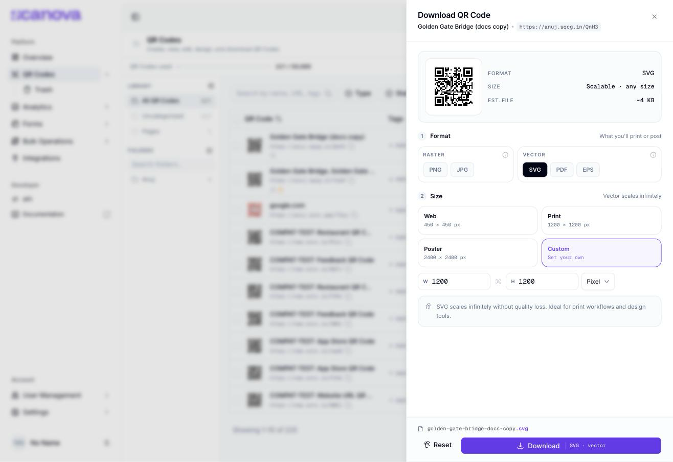 Download QR Code panel with SVG selected under Vector format, showing Size as Scalable, any size