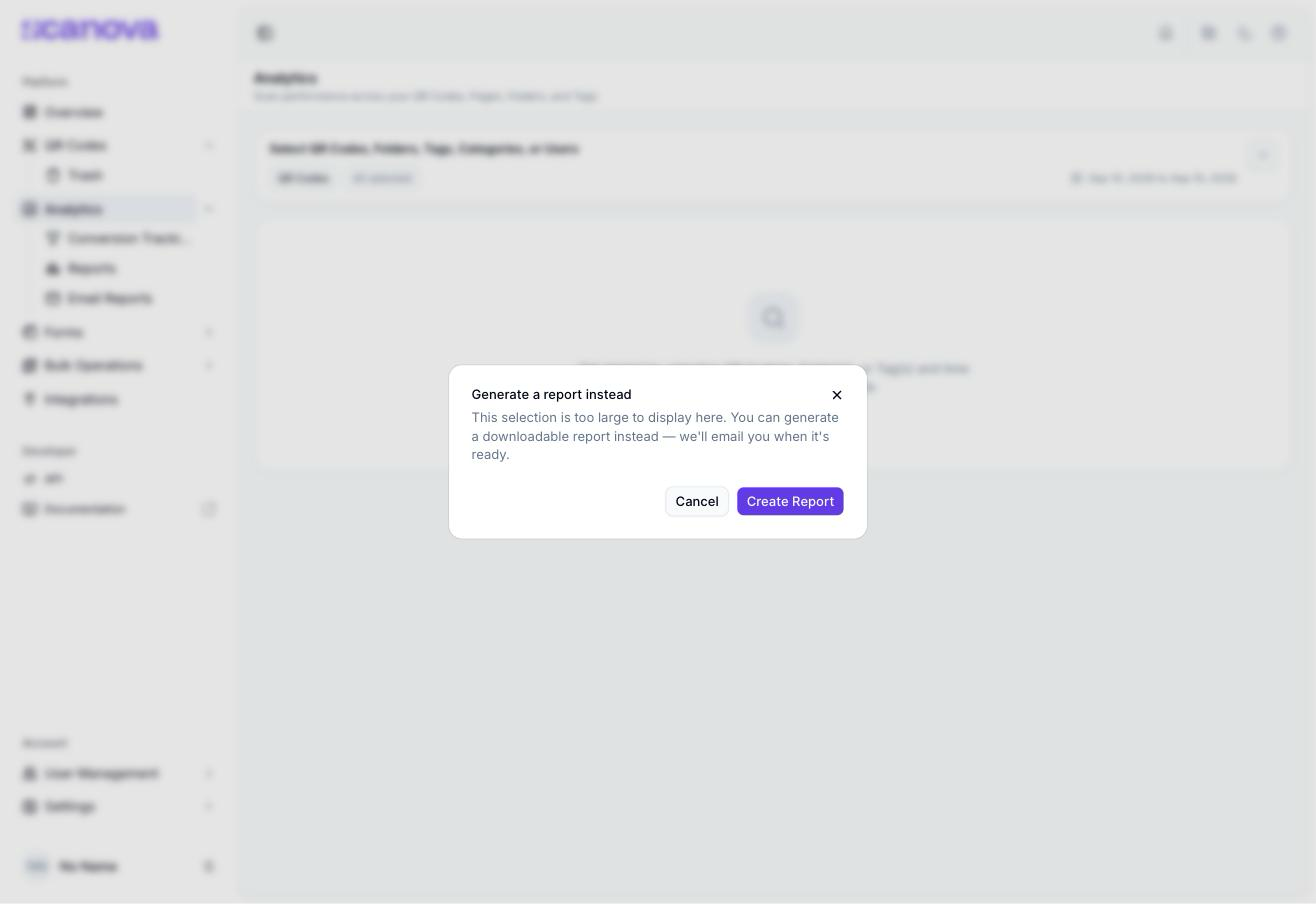 Generate a report instead dialog reading: This selection is too large to display here. You can generate