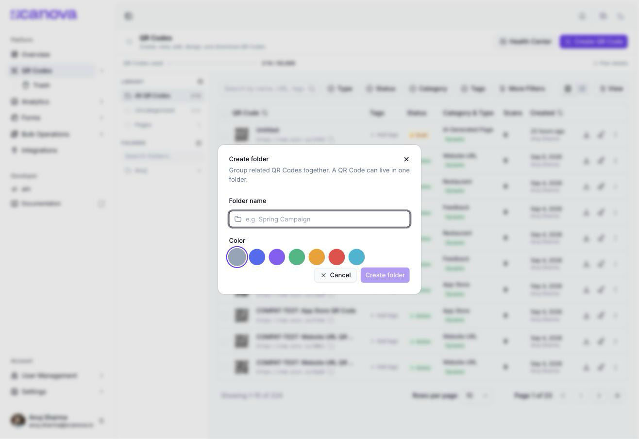 Create folder dialog with a Folder name field (placeholder 'e.g. Spring Campaign') and 7 color swatches: grey