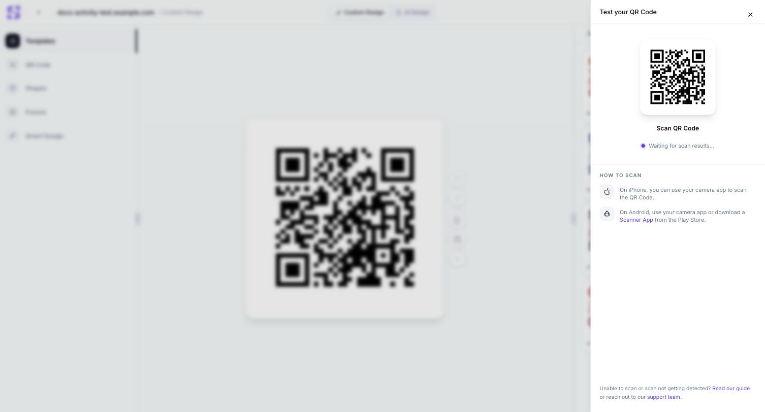 Test your QR Code drawer showing the current QR Code design, a Waiting for scan results status