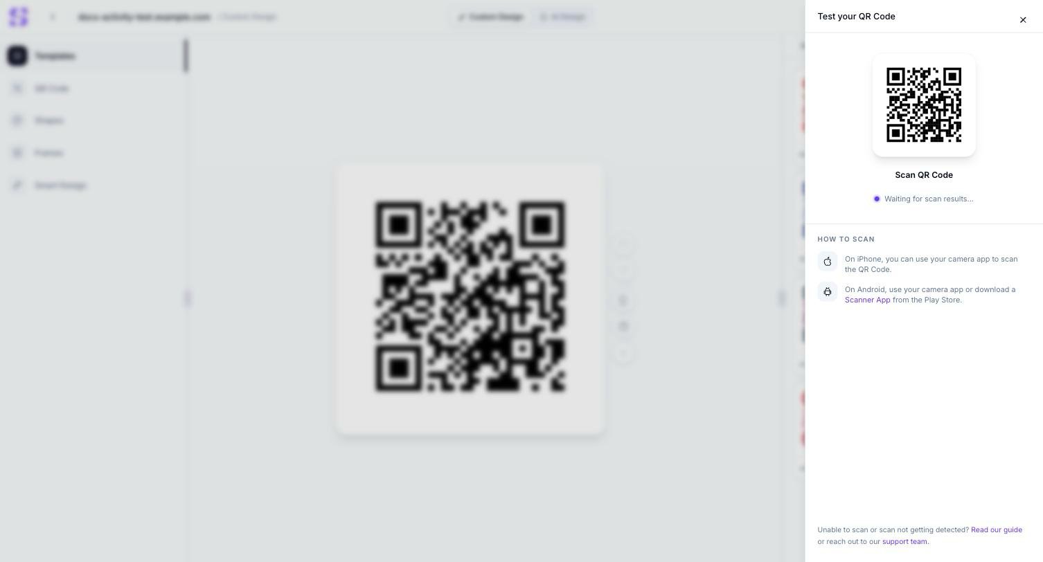 Test your QR Code drawer showing the current QR Code design, a Waiting for scan results status