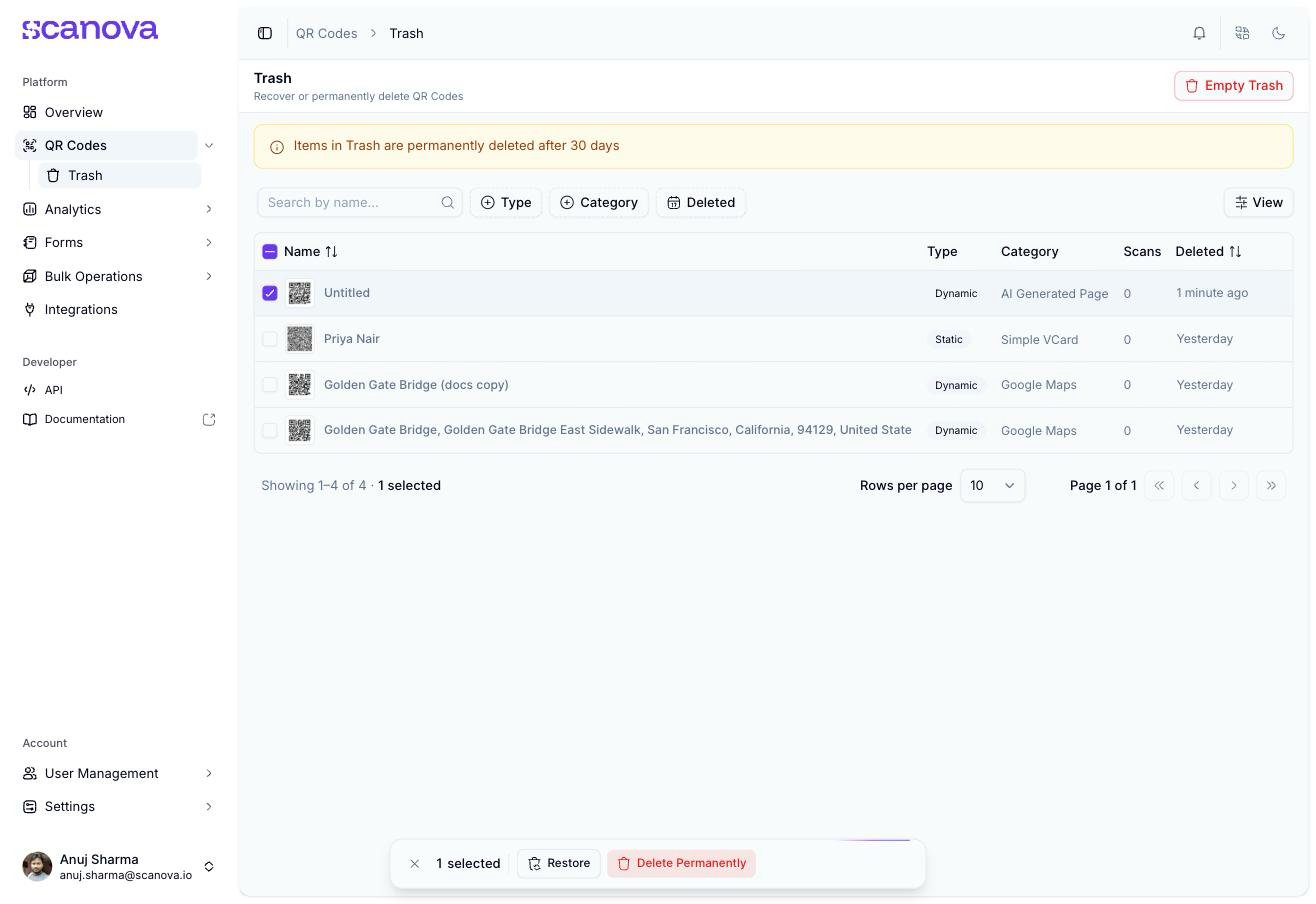Trash page with one row checked, showing a floating action bar at the bottom reading '1 selected' with Restore