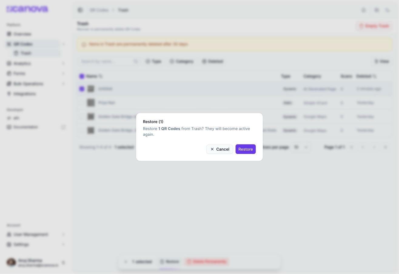 Restore confirmation dialog titled 'Restore (1)'
