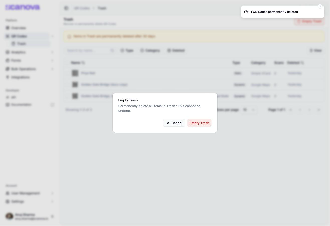 Empty Trash confirmation dialog reading 'Permanently delete all items in Trash? This cannot be undone.' with Cancel