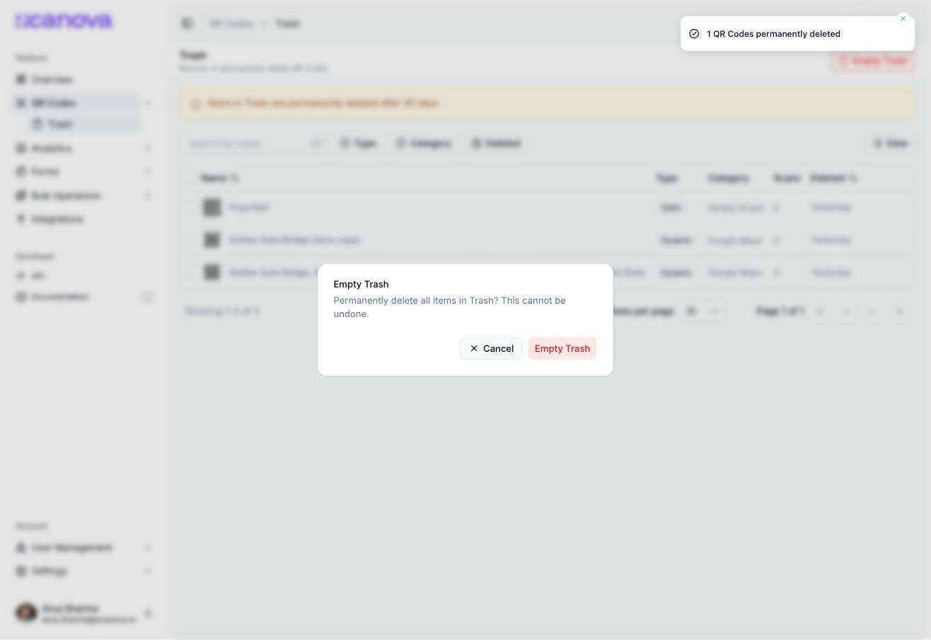 Empty Trash confirmation dialog reading 'Permanently delete all items in Trash? This cannot be undone.' with Cancel