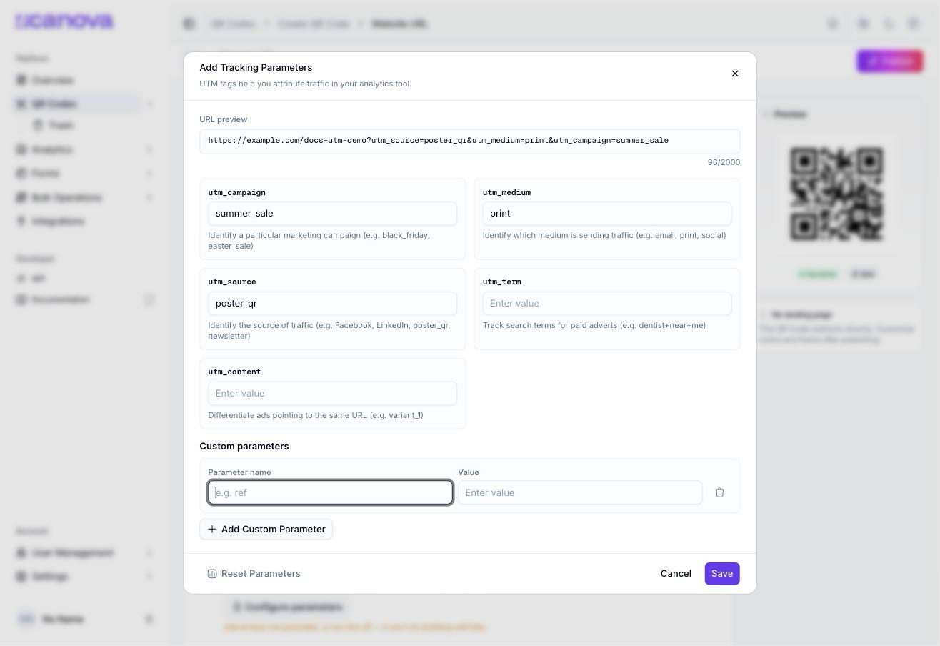 Add Tracking Parameters dialog showing a Custom parameters section with a Parameter name field (placeholder e.g. ref)