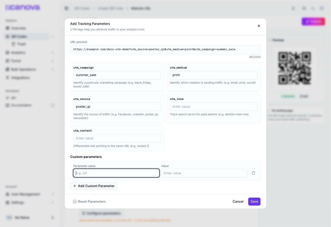 Add Tracking Parameters dialog showing a Custom parameters section with a Parameter name field (placeholder e.g. ref)