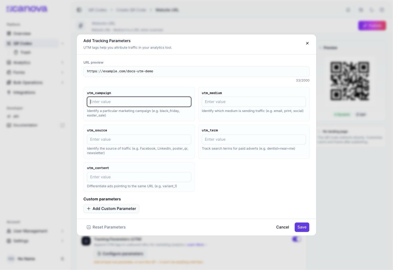 Add Tracking Parameters dialog showing a URL preview field, five empty UTM fields