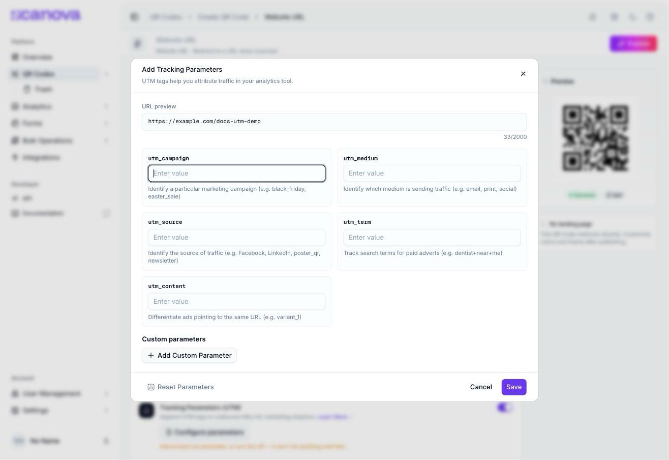 Add Tracking Parameters dialog showing a URL preview field, five empty UTM fields