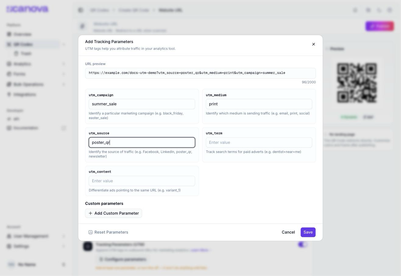 Add Tracking Parameters dialog with utm_campaign set to summer_sale, utm_medium set to print
