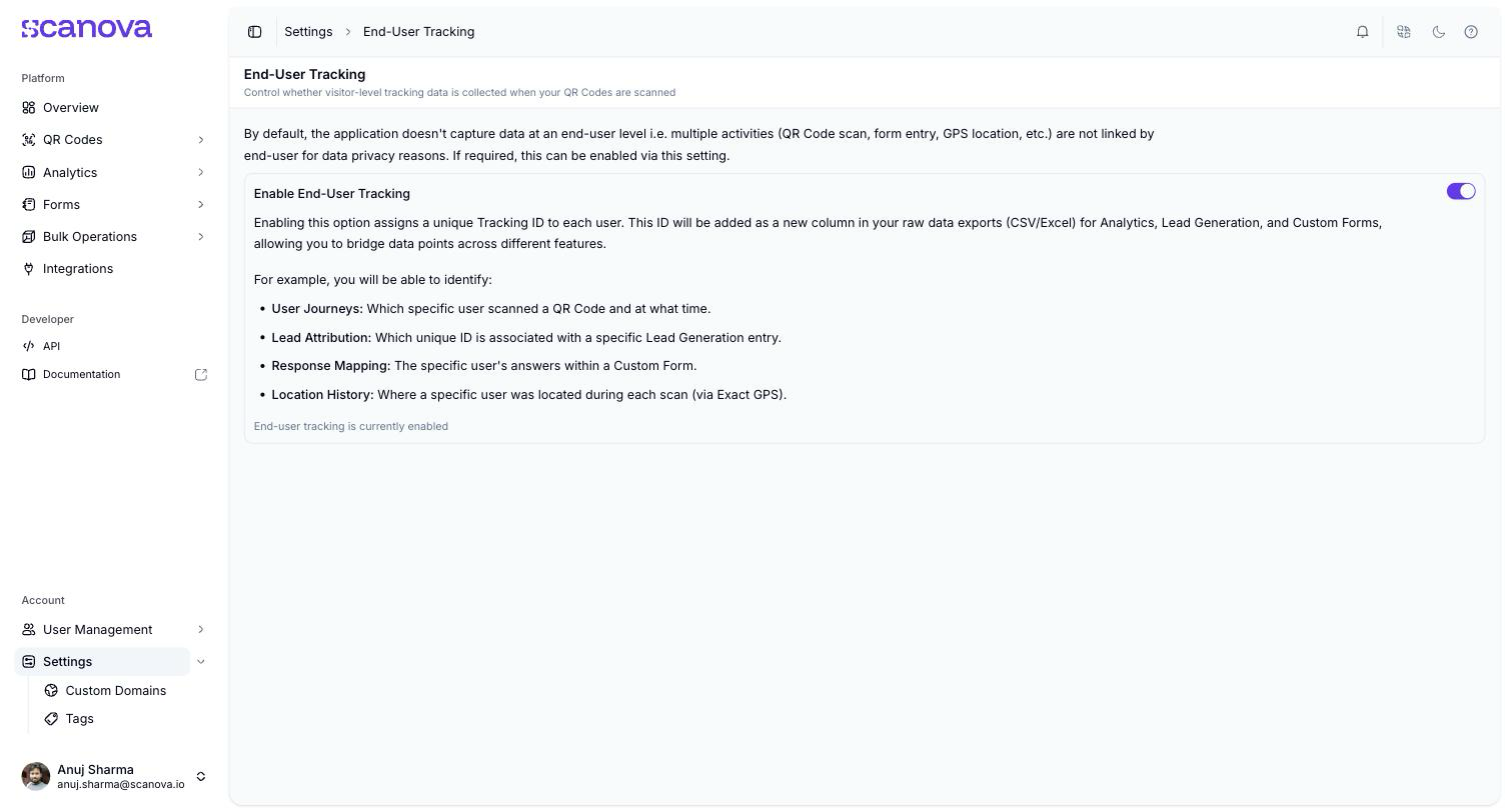 End-User Tracking settings page with an Enable End-User Tracking toggle switched