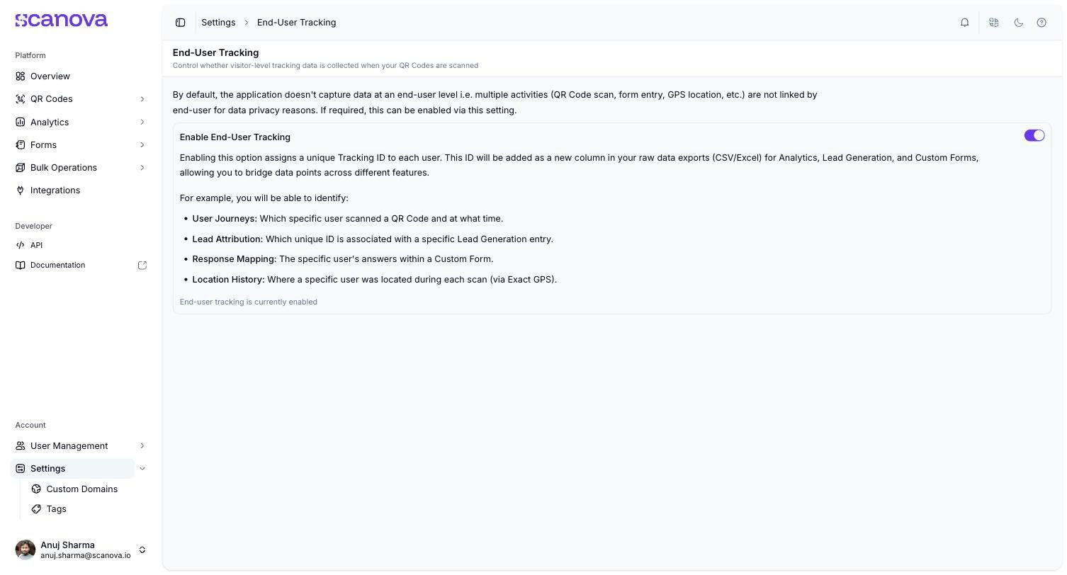 End-User Tracking settings page with an Enable End-User Tracking toggle switched