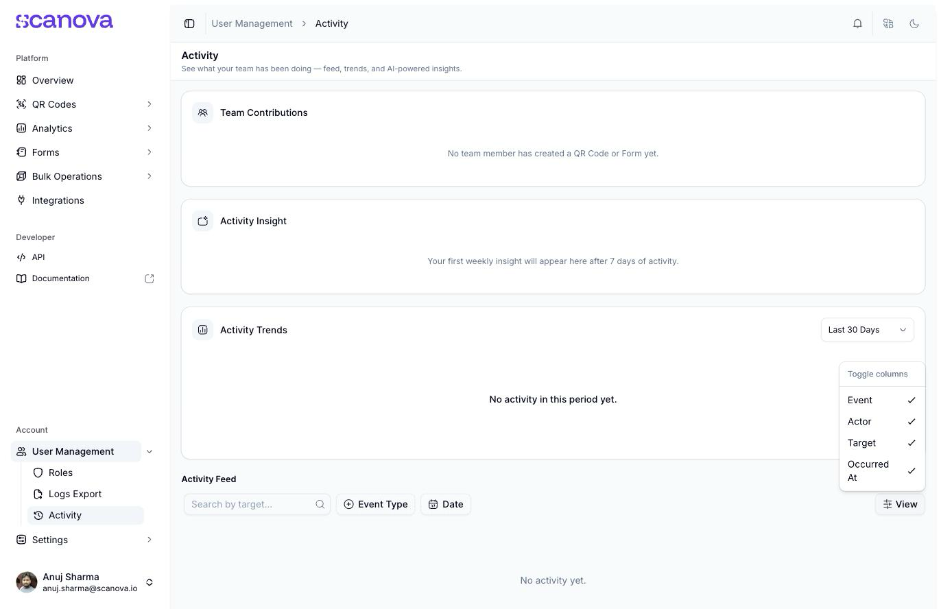 Toggle columns menu open, showing Event, Actor, Target, and Occurred At, all checked