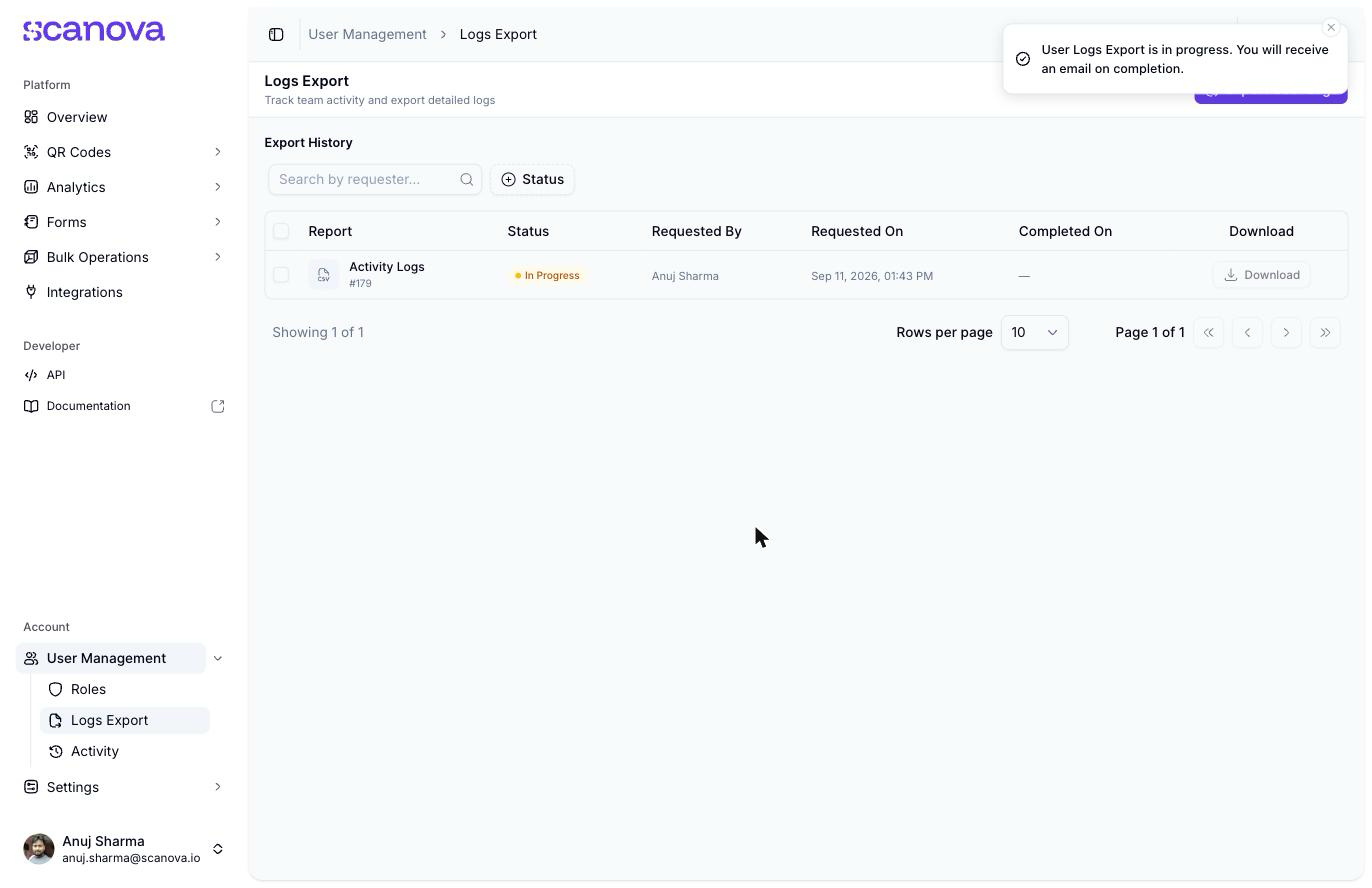 Scanova Logs Export page with an Export User Logs button and an Export History table listing a report named Activity