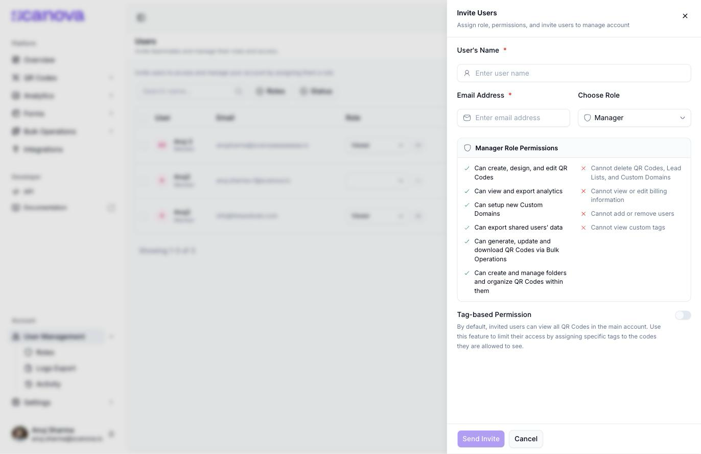 Panel Invite Users con Manager seleccionado en el menú desplegable Choose Role, mostrando el panel Manager Role Permissions con una lista con marca verde de elementos Can y una lista con X roja de elementos Cannot