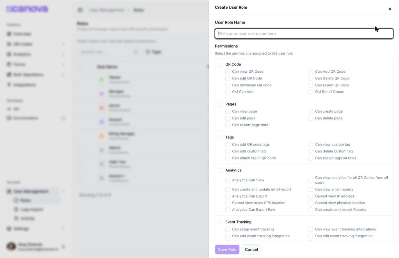 Create User Role drawer with a User Role Name input and unchecked permission checkboxes grouped under QR Code, Pages